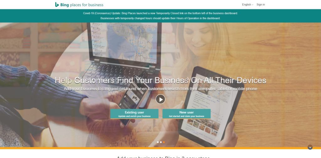 Bing places for business homepage screenshot